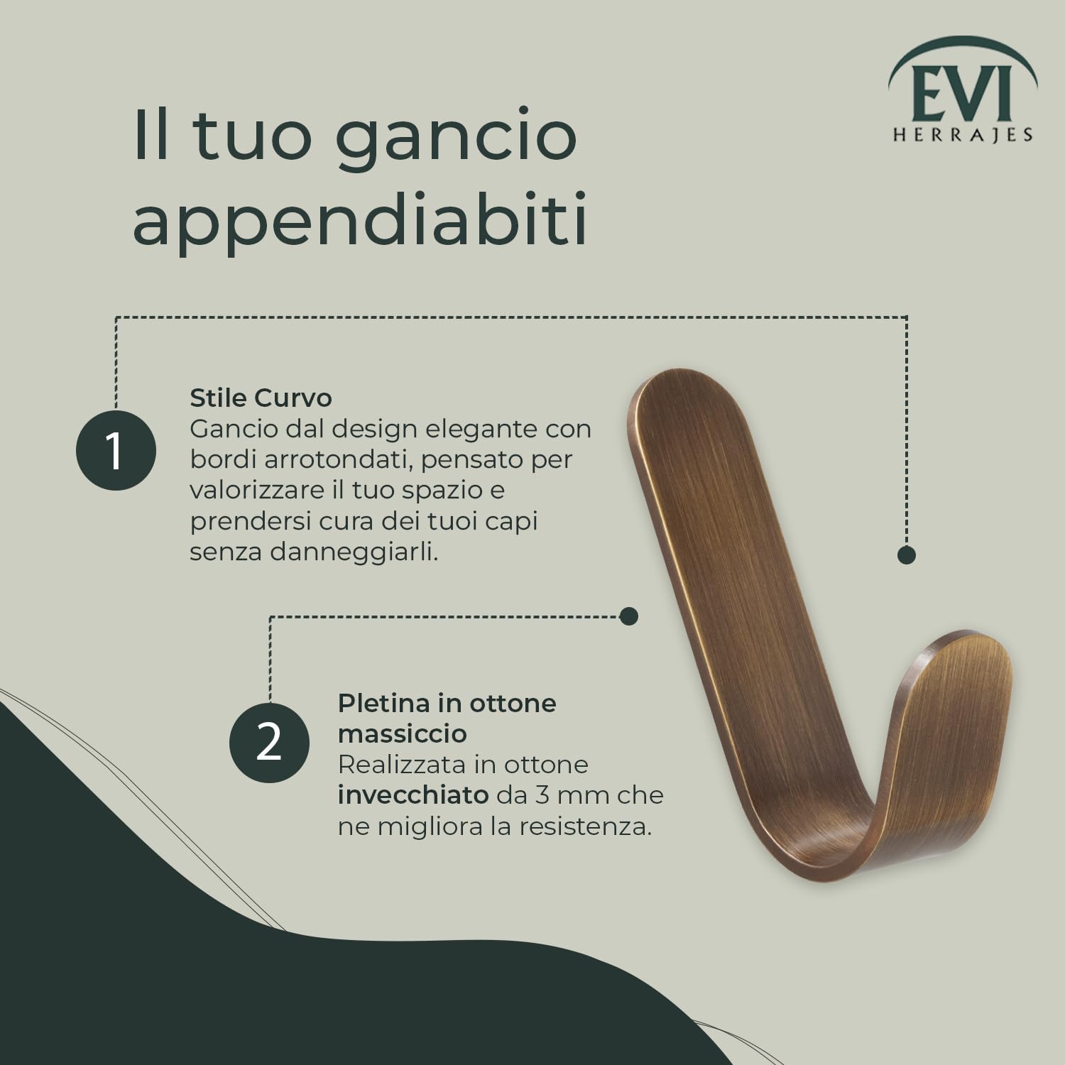 EVI Herrajes | Appendiabiti a forma di gancio da parete in ottone, finitura in pelle invecchiata | Installazione adesiva | Per appendere vestiti, asciugamani o accessoris | Mod. 173ADLCU