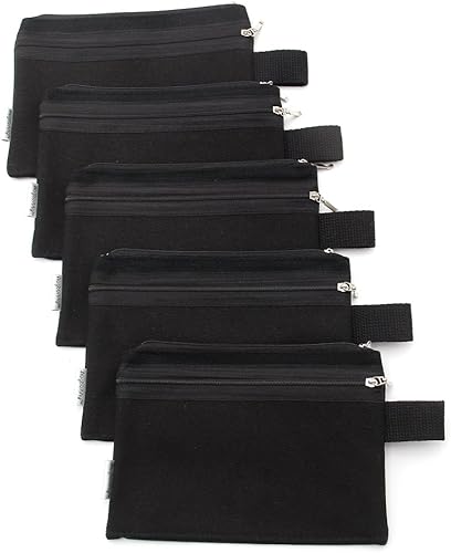 bolsa de lona de 100% algodón, con cierre, bolsillo para maquillaje, celular, plumalapicera, 5unidades, 16onzas, Negro M