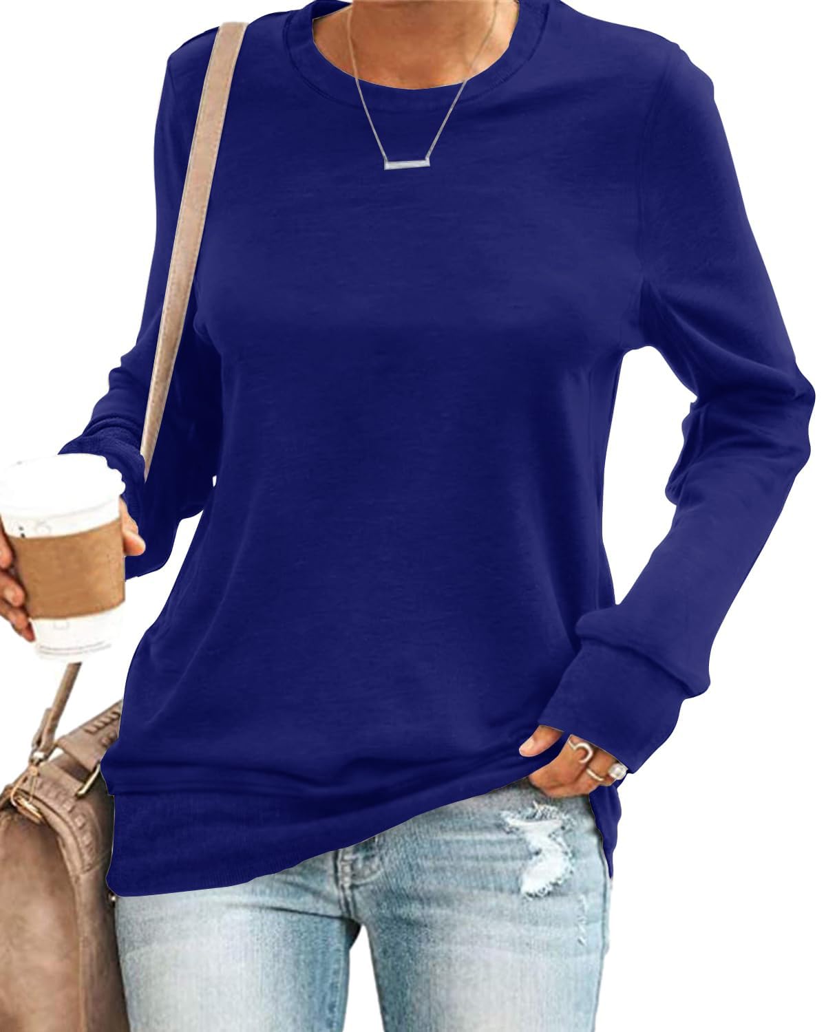 SENSERISE Womens Casual Crewneck Sweatshirt Long Sleeve Solid Color Shirt Soft Lightweight Loose Top