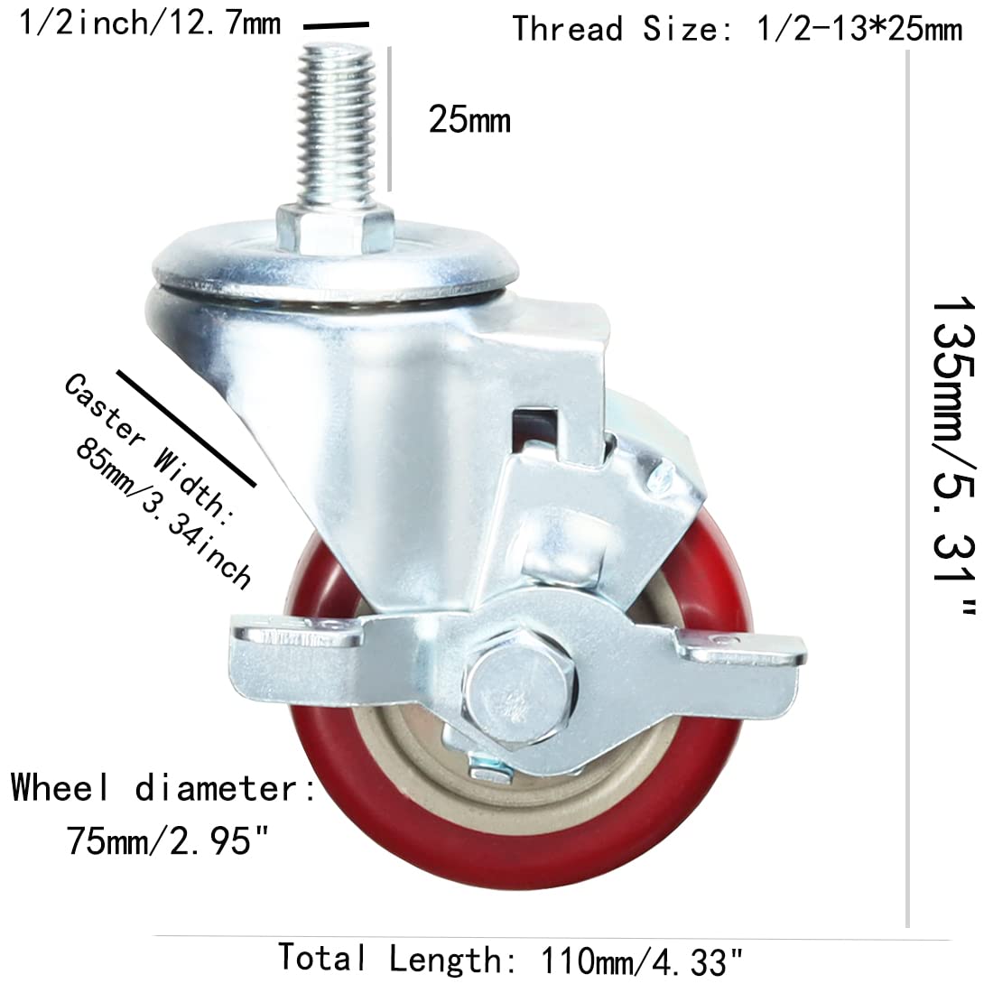 Heavy Duty Stem Caster Wheels Soft PU Threaded Stem Casters 1/2"-13 x 1 (Stem Diameter 1/2", Stem Length 1") Dual Locking with Side Brakes Casters Set of 4 (3 Inch)