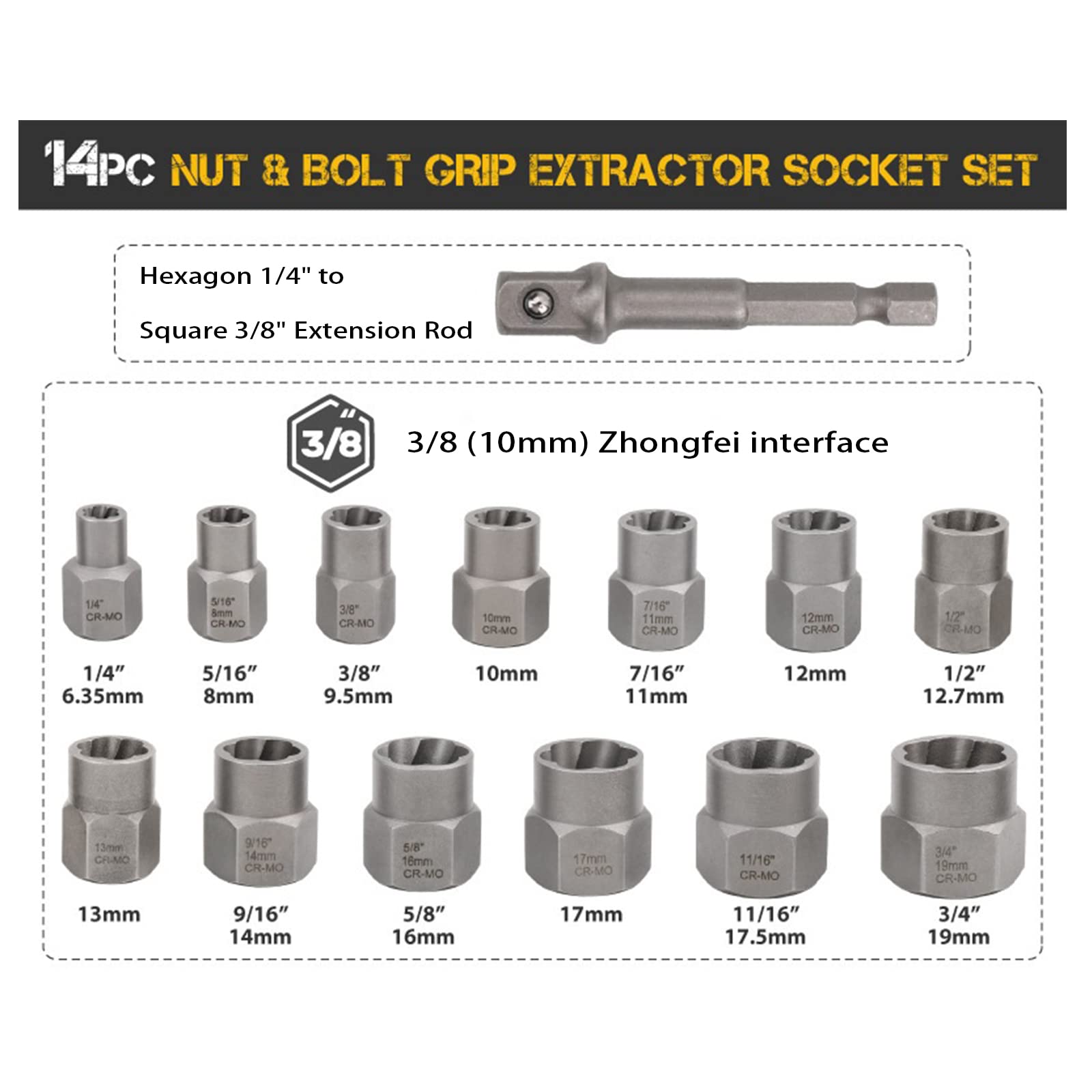 Juego de 14 extractores de pernos y tuercas métricos e imperiales, herramienta de extracción de pernos de acero Mo de 3/8 pulgadas, 6, 35 – 19 mm, juego de herramientas de percusión y tuercas