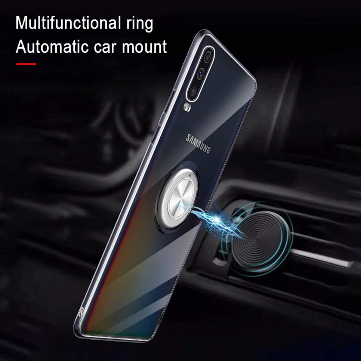 Funda Samsung Galaxy A50 Galaxy A30S de 6,4 pulgadas con anillo, carcasa antigolpes transparente de silicona suave TPU flexible, soporte para coche magnético – Transparente