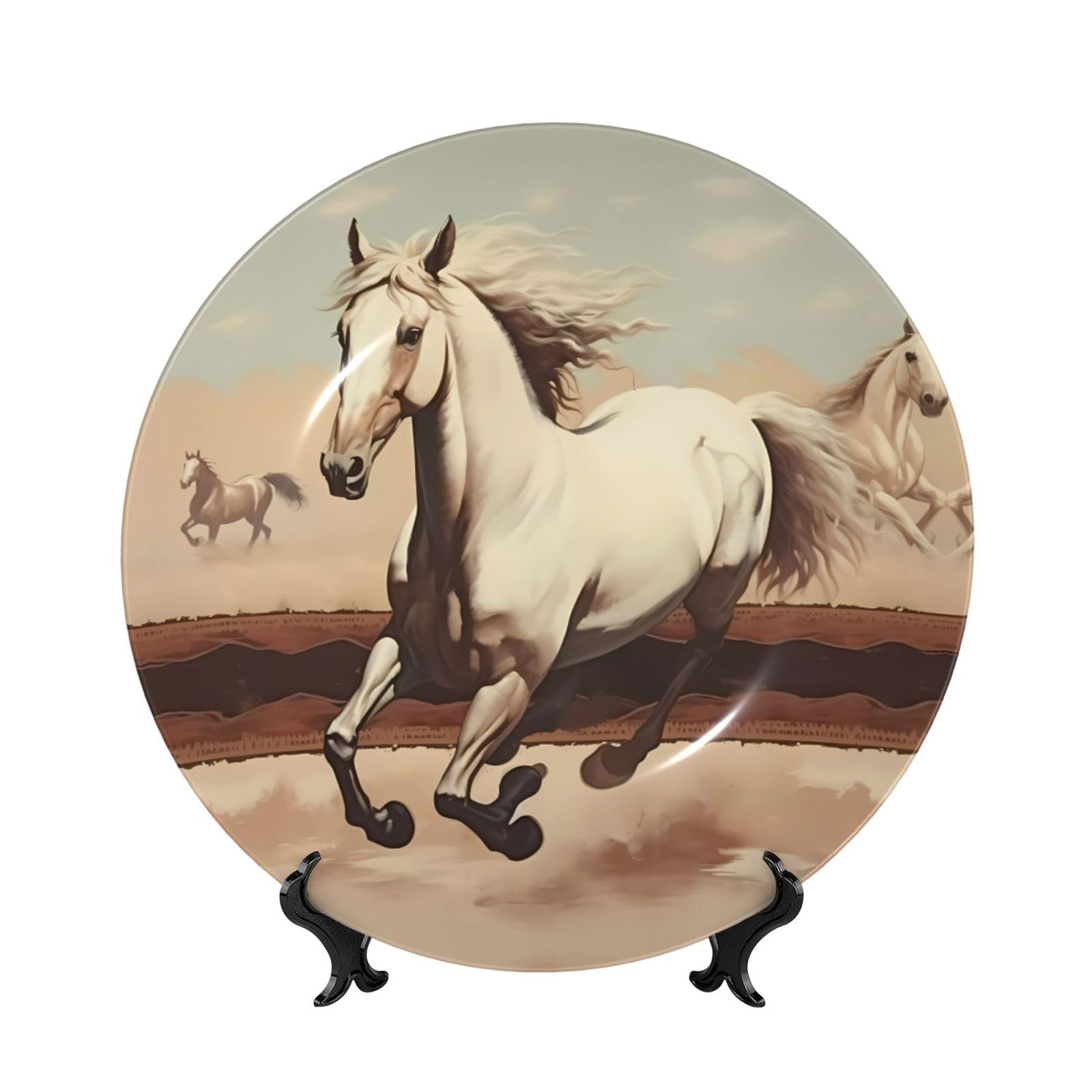 SXZVVBN Prancing White Horse Bone China Decorative Plate Art with Stand Removable Adhesive Hanging for Home Office 7in