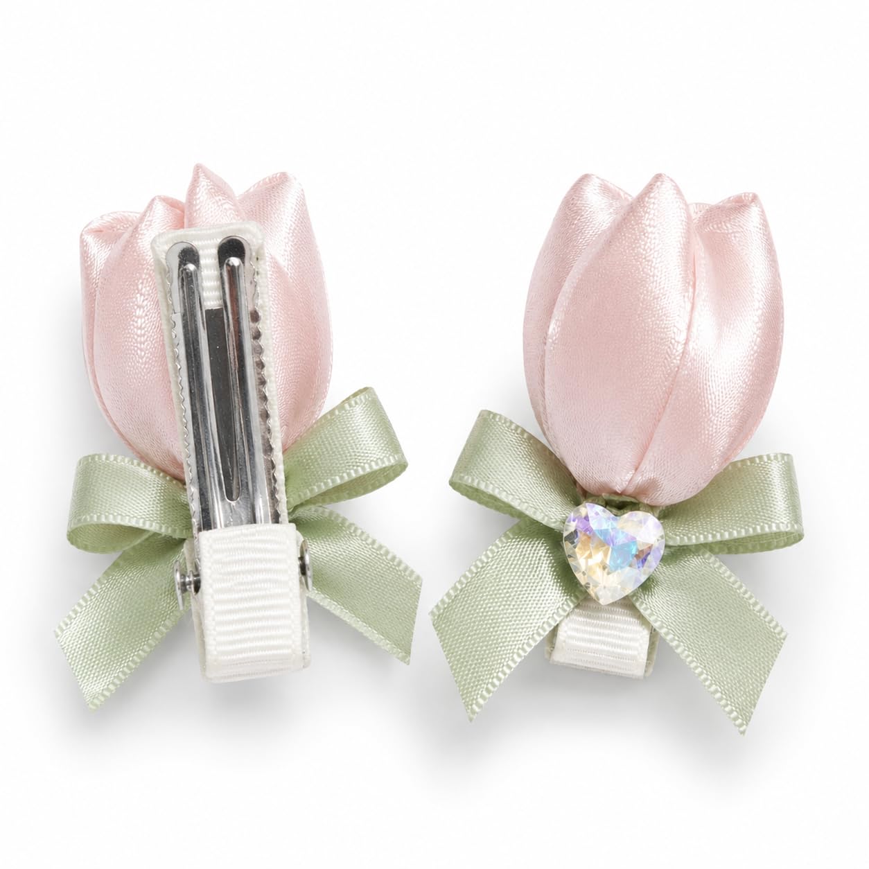 Satin Tulip Hair Clips for Baby Girls, 1 Pair Handmade Flower Girl Barrettes in Soft Blue/Blush Pink, Wedding Ring Bearer Accessory with Luxury Leather Pouch (Blush Pink)