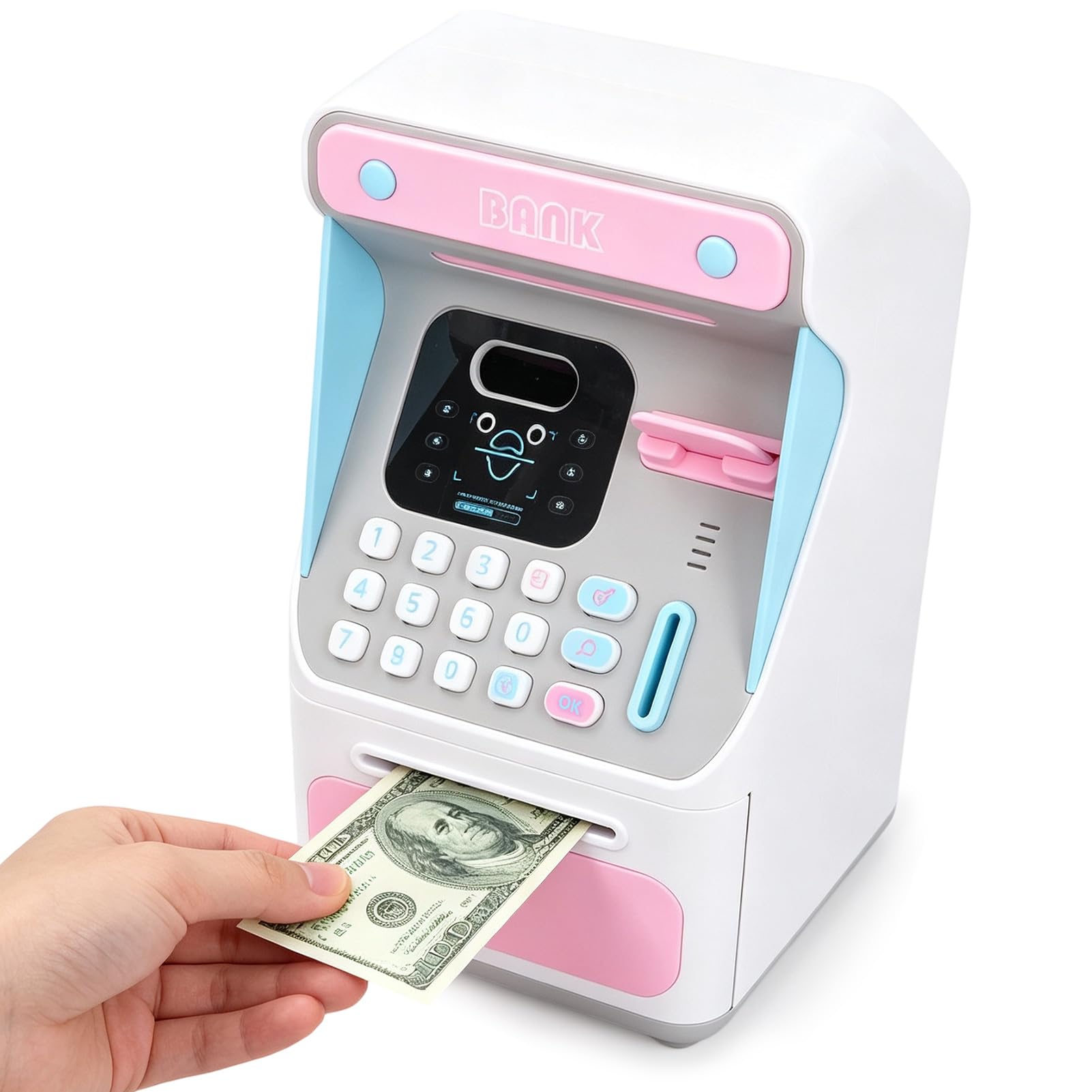 Salvadanaio ATM, Cassa di Risparmio Bancomat, Gettoniera Elettronica per Monete in Contanti per Soldi Veri con Password, Riconoscimento ID Viso, Bobina Automatica di Banconote