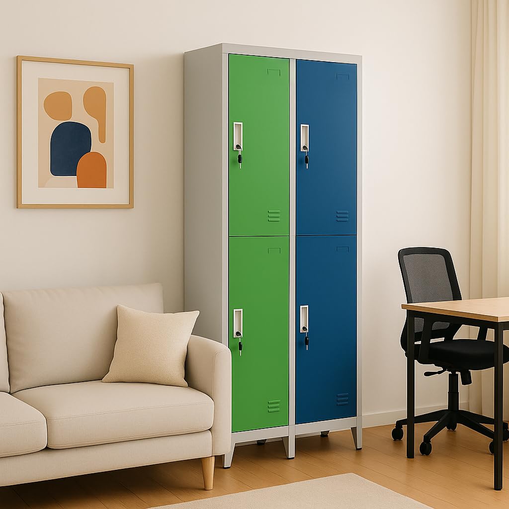 Brigros - Armadietto Metallico Multiuso, Armadio Spogliatoio Salvaspazio Con Serratura, Armadietto Vari Ripiani Con Ante In Metallo Per Ufficio O Spogliatoio (Blue, 2 Ante)