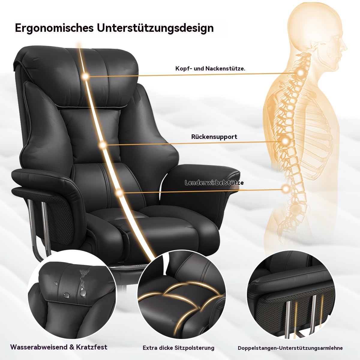 Großer und hoher Bürostuhl 250 kg Extrabreiter Leder-Chefsessel mit ausziehbarer Fußstütze Hochbelastbarer ergonomischer Stuhl Höhenverstellbarer Computerstuhl
