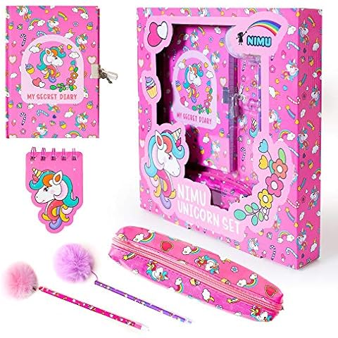 NIMU Unicorn Stationery Set Everything in Gift pack My Secret Diary Fluffy Pens Case Pocket Notebook Mini Notebook Gift for Girls Teenage 4 5 6 7 8 9 10 11 12 13 years Cover
