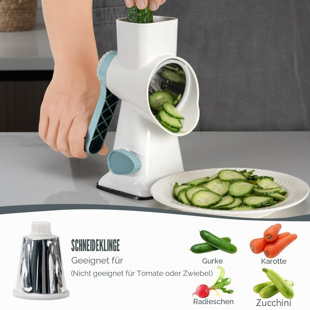 KEOUKE Käsereibe Mit Kurbel Trommelreibe Reibe Mit Griff Gemüse Käse Shredder Slicer Reibe Für Küche 3 Wechselklingen Für Käse Kartoffel Zucchini Nüsse Schokolade (Weiß - Blau)