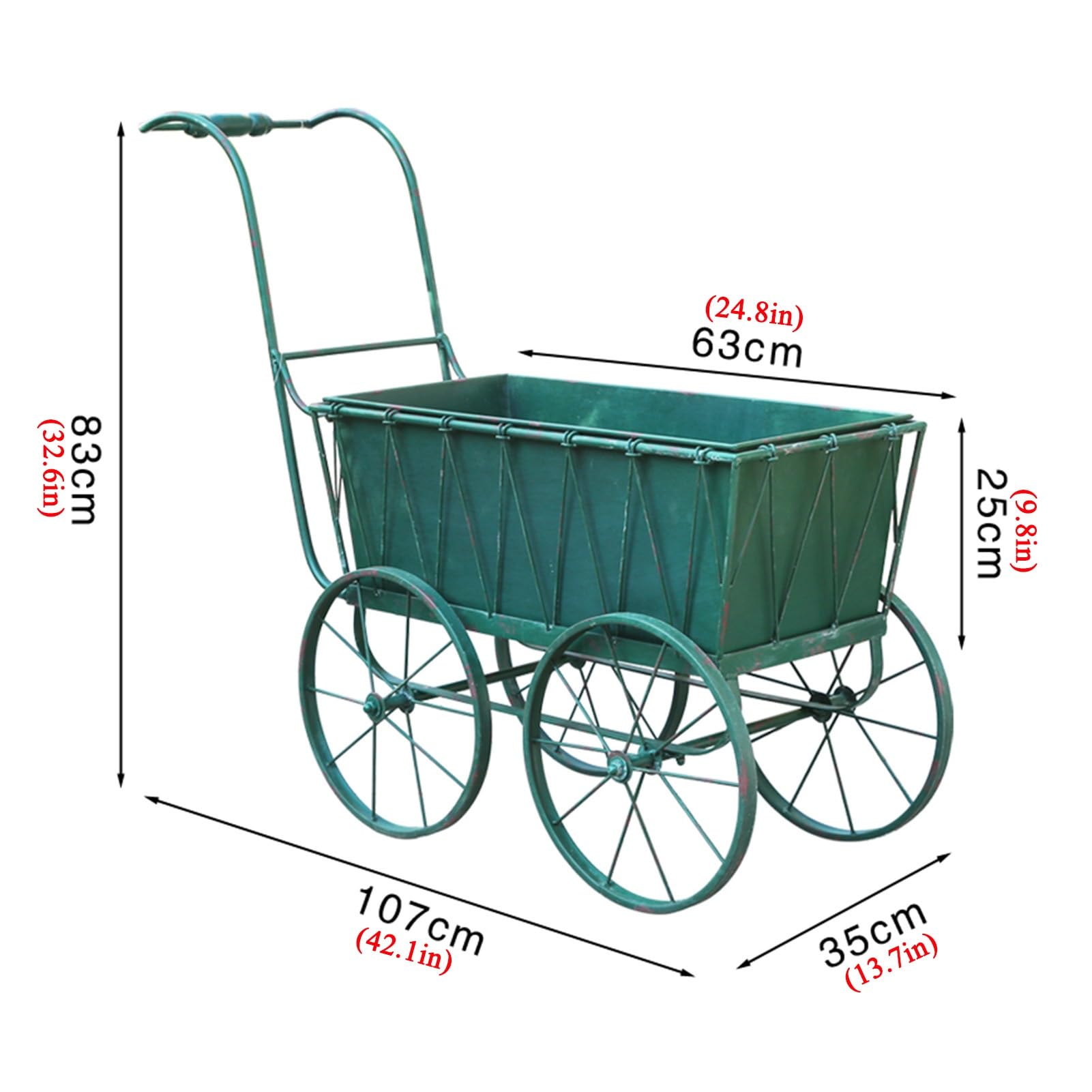 Retro Wózek Ogrodowy, Taczka Ogrodowa, Taczka Ze Stalową, Metalowy Wózek Na Taczki Ogrodowe, Wagon Użytkowy, Dekoracja Ogrodu, Wagon Z 4 Kołami Do Trawnika, Ogrodnictwo, Zielony