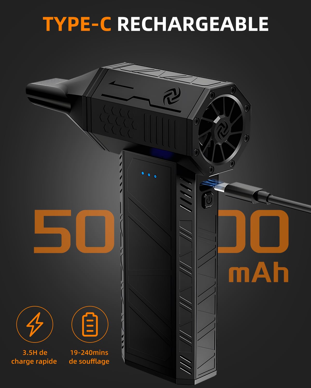 Bombe d’air comprimé,Souffleur Air Comprimé, vitesse maximale de 11 000 tours/minute, équipé de 3 vitesses réglables, batterie rechargeable intégrée de 5 000 mAh, conception miniaturisée