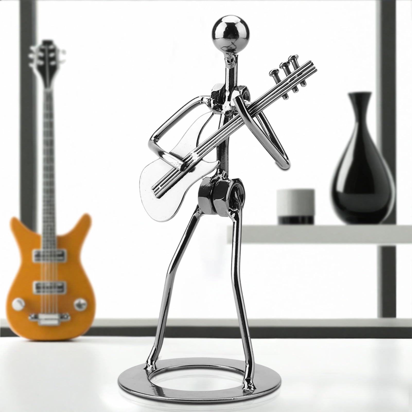 Statua del chitarrista, giocatore di musicista di ferro Statuetta da collezione Chitarra di metallo Scultura Decorazione musicale Decorazione musicale rock Statua di chitarrista statuette di musicisti