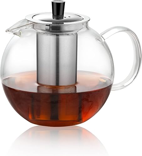 Tetera de vidrio de 50.7 fl oz con infusor inoxidable extraíble (50 onzas), olla de té grande segura para estufa, hervidor hecho a mano para mujeres