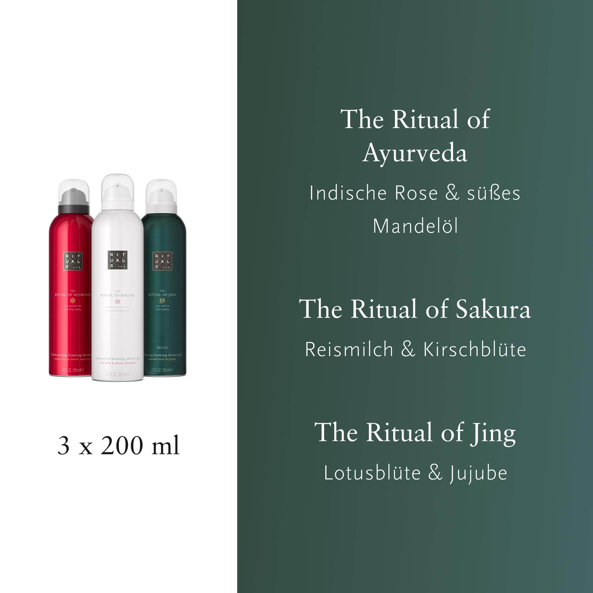 RITUALS Das Vorteilspaket „Rituale von Sakura, Jing und Ayurveda“ | 3 x Duschschaum | pflegendes und revitalisierendes Duschgel | Vorteilspack 3 x 200 ml
