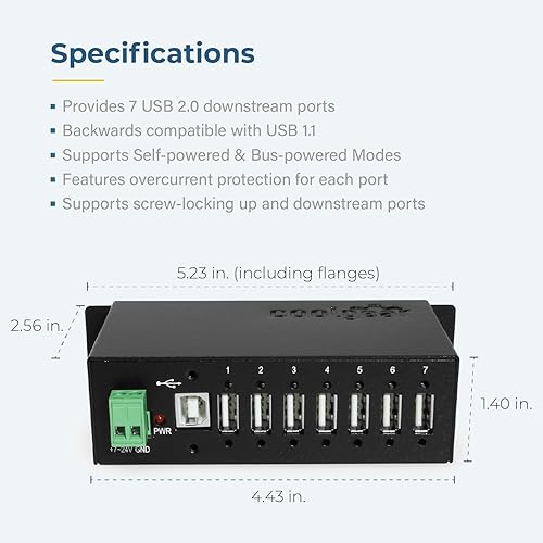 Miniatura 4 de Coolgear Hub USB 2.0 de 7 puertos con montaje en riel DIN de protección contra sobretensiones - chip NEC