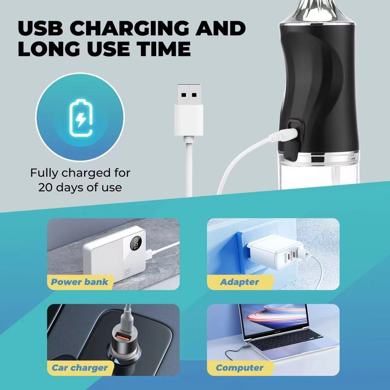 Irrigador dental de agua, portátil, inalámbrico, recargable, limpiador de riego de viaje, 3 modos, 4 chorros, IPX7, impermeable, eléctrico (negro)