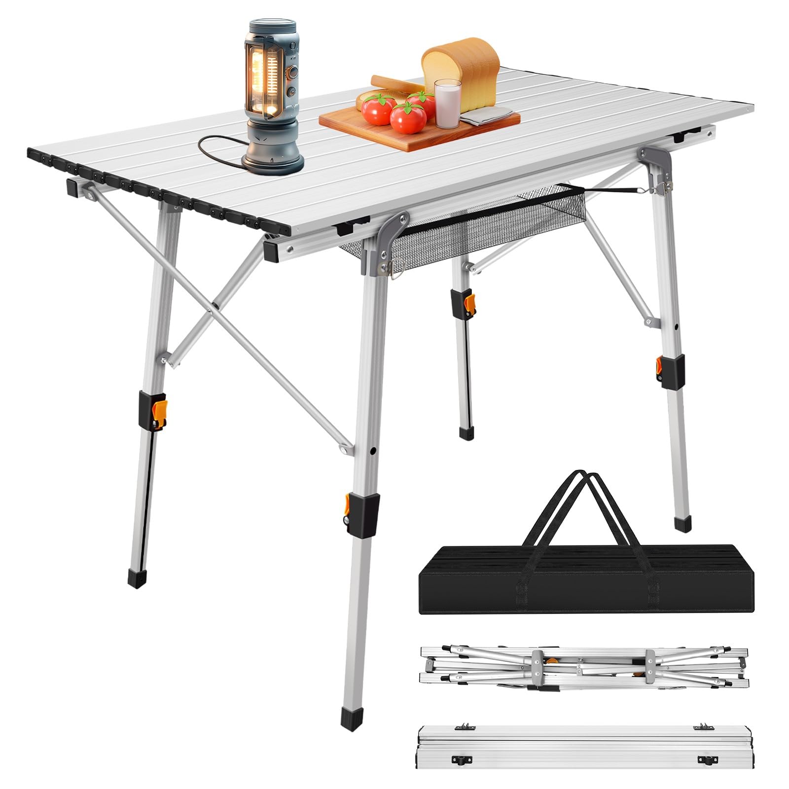 3ft Aluminium Rollup Lightweight Folding Camping Table Adjustable Height Picnic Tables Folding Outdoor Collapsible Table, Portable Foldable Table with Storage for Beach Fishing Garden BBQ (Silver) — image 1