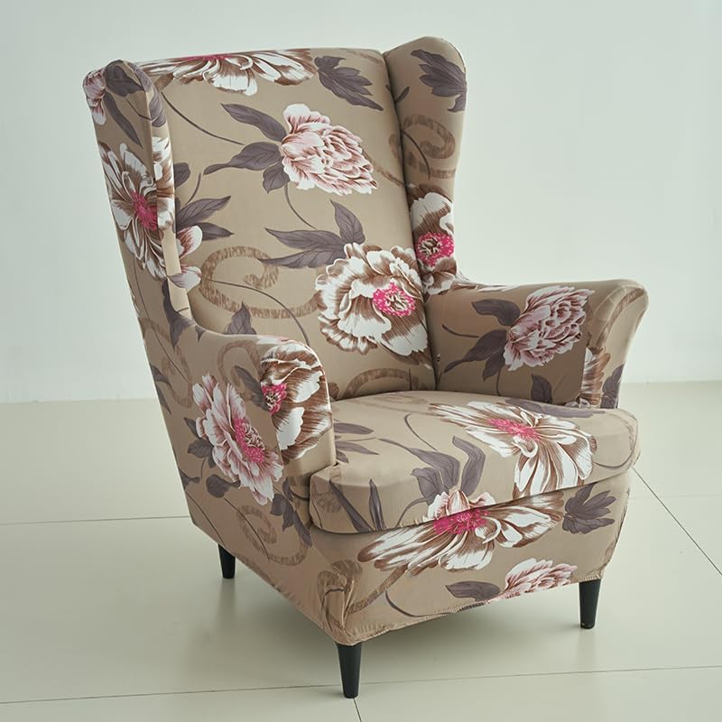 HOKIPO 140 GSM Stretchable Wing Chair Cover, Buff Brown Geum (NEW-AR-5135-D3)