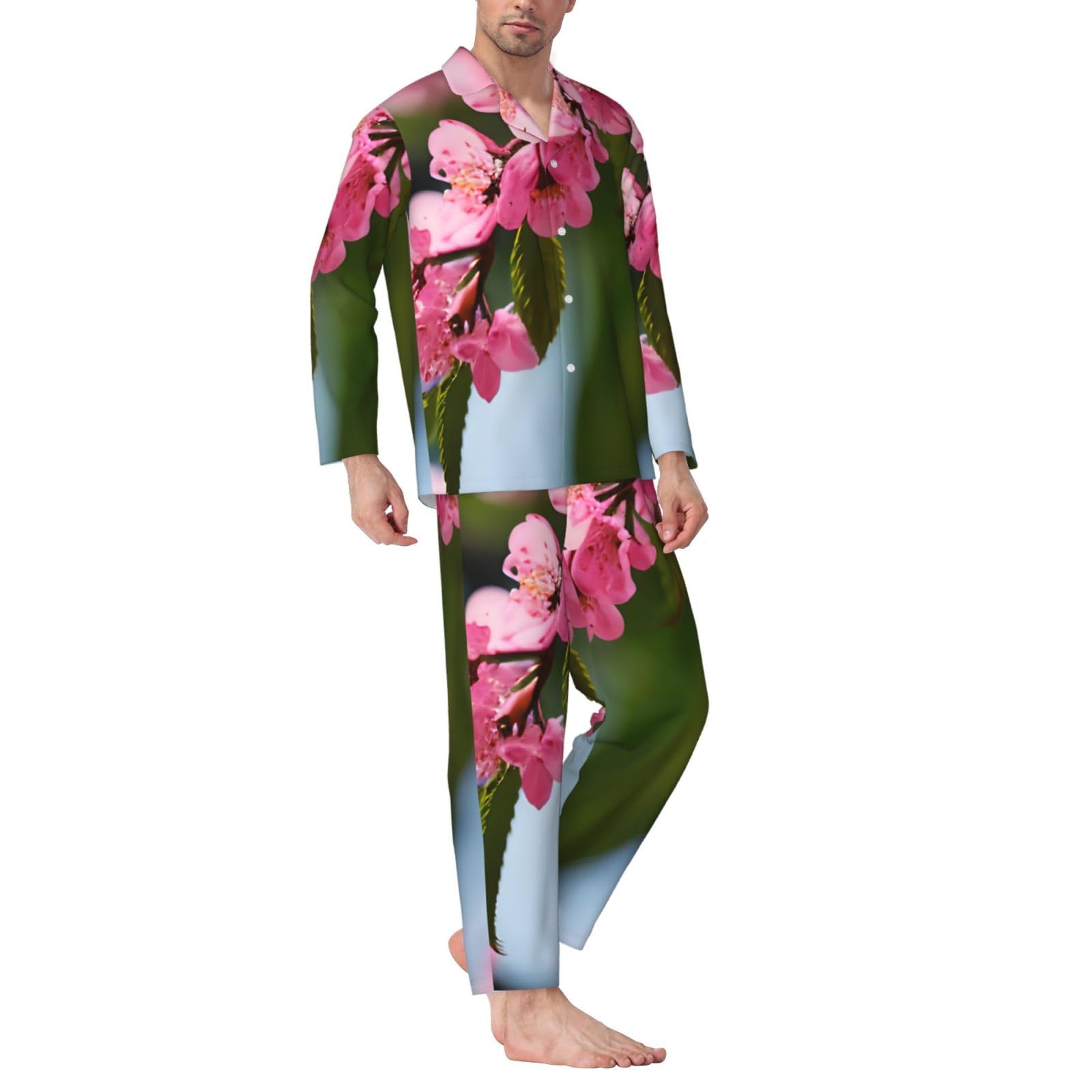 Rosa Cherry Blossoms 1 Stampa Uomini Manica Lunga Pigiama Set Sleepwear Due Pezzi Lounge Set Traspirante Nightwear