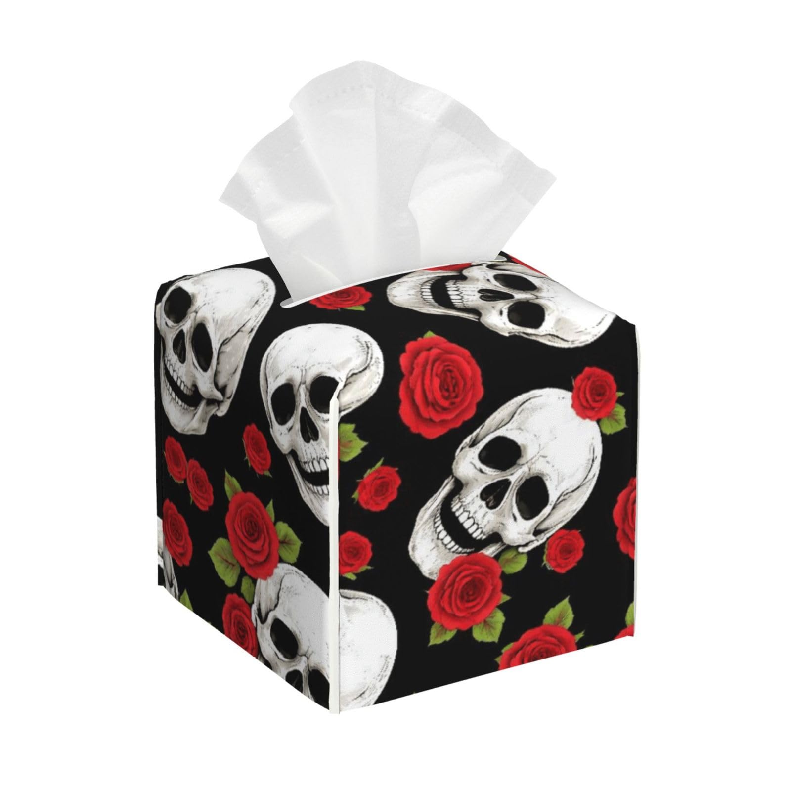 Horror Rose Skull Floral Leather Tissue Box Cover Holder Square Facial Paper Organizer 5.2" X 5.2" X 5.2"