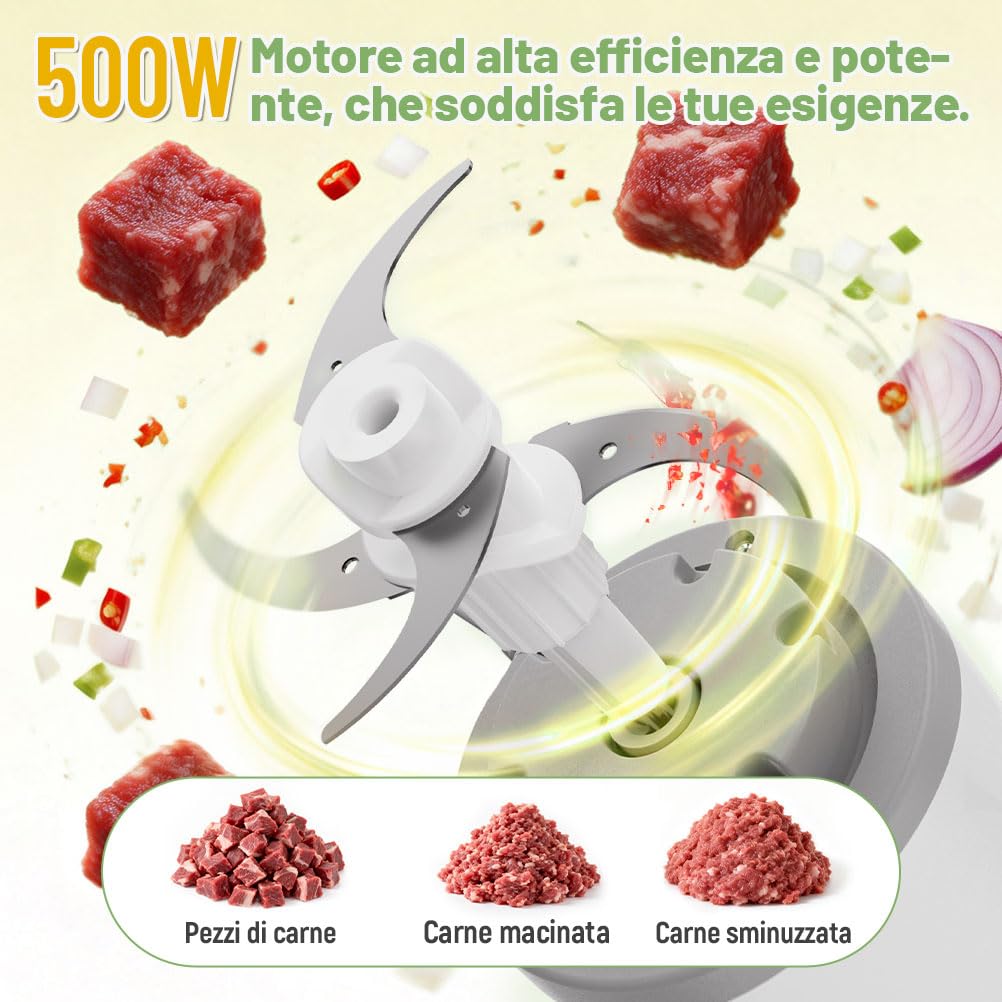 OUSFOT Tritatutto da Cucina Elettrico 1,8L Frullatore Tritatutto Multifunzione 500W, Tritatutto con Ciotola in Acciaio Inox per Verdure, Frutta, Carne, Cucina