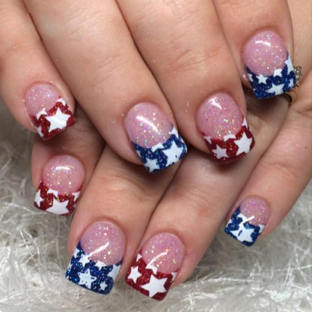 Short Press on Nails Independence Day Nails Square Red Blue Fake Nails with Star Designs 4th of July False Nails Patriotic Acrylic Nails Cute Glue on