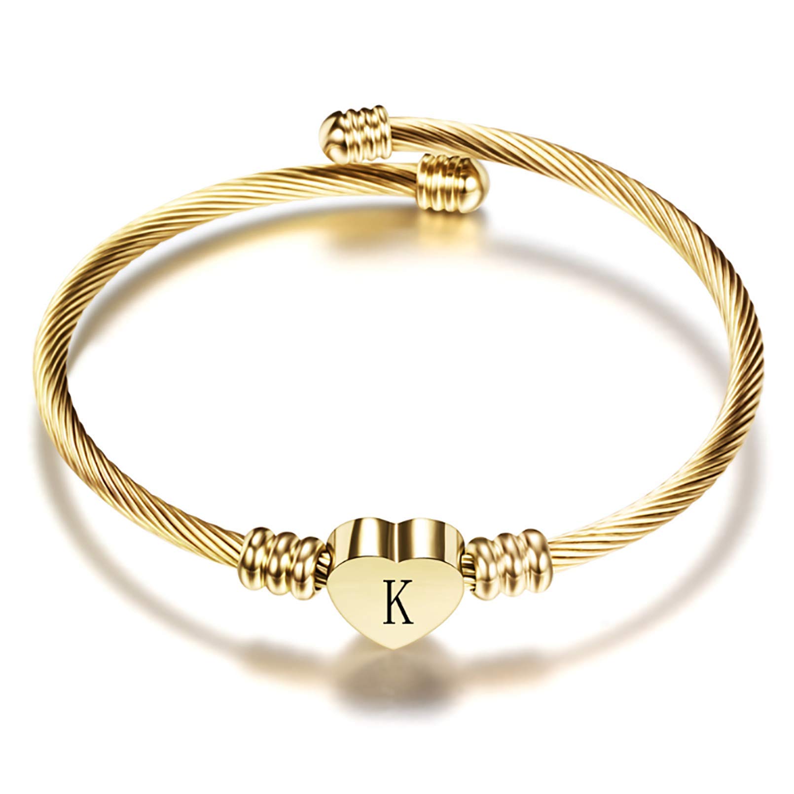 Initial A-Z Letter Gold Cuff Bracelet Heart Personalized Name Expandable Bangle Bracelets for Women Girls Birthday Gift