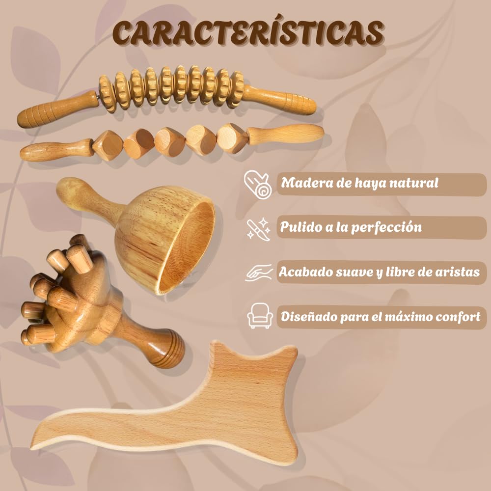 Pack de Maderoterapia Corporal Profesional para Masajes Relajantes y Celulitis con Instrucciones Qr – Compuesto por Tabla Moldeadora, 2 Rodillos, Champiñón y Copa.