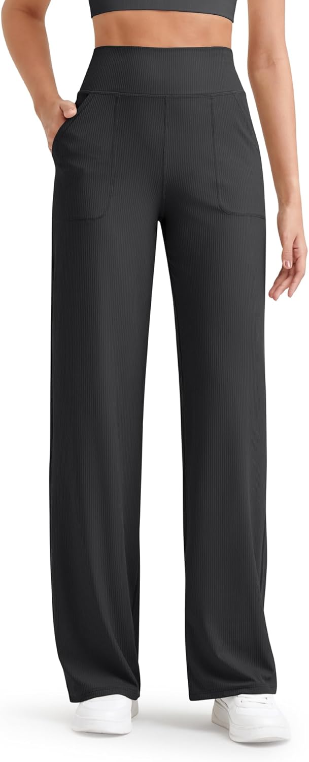 G4Free Breathable Ribbed Women Casual Wide Leg Pants with Pockets Lightweight High Waist Yoga Pants Petite/Regular/Tall