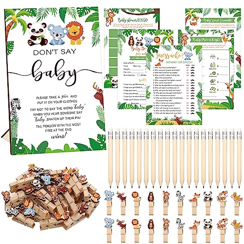 Image of Patelai 321 Pcs Safari Baby Shower Games Party Supplies, Jungle Animal Shower Games, 5 Sets (50 Cards Each) Activities Cards with 20 Pencils 1 Don't Say Baby Sign 50 Clothespin Gender Reveal Decor