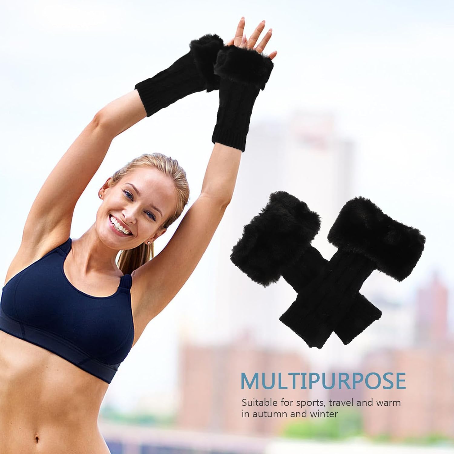 Winter Arm Warmers Half-finger Gloves Knitted Soft Arm Protection Sleeves Washable Black 2pcs for Outdoor Cold Weather