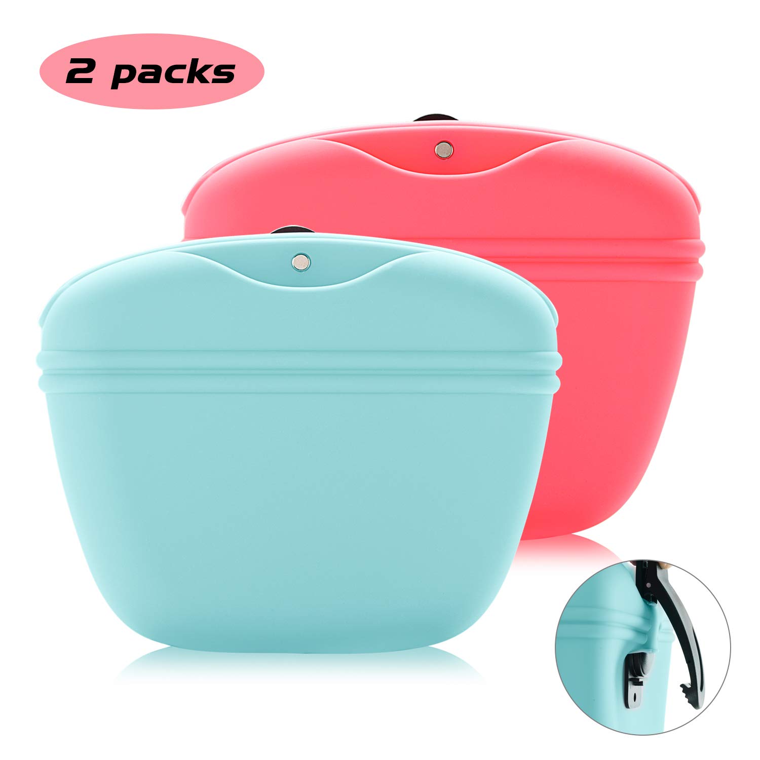 SHUNAI Dog Treat Pouch,Silicone Portable Dog Treat Bag, Food Snack Pouch Haversack,Pet Training Pocket with Clip and Magnetic Closing Two Packs Black Blue Pink Green