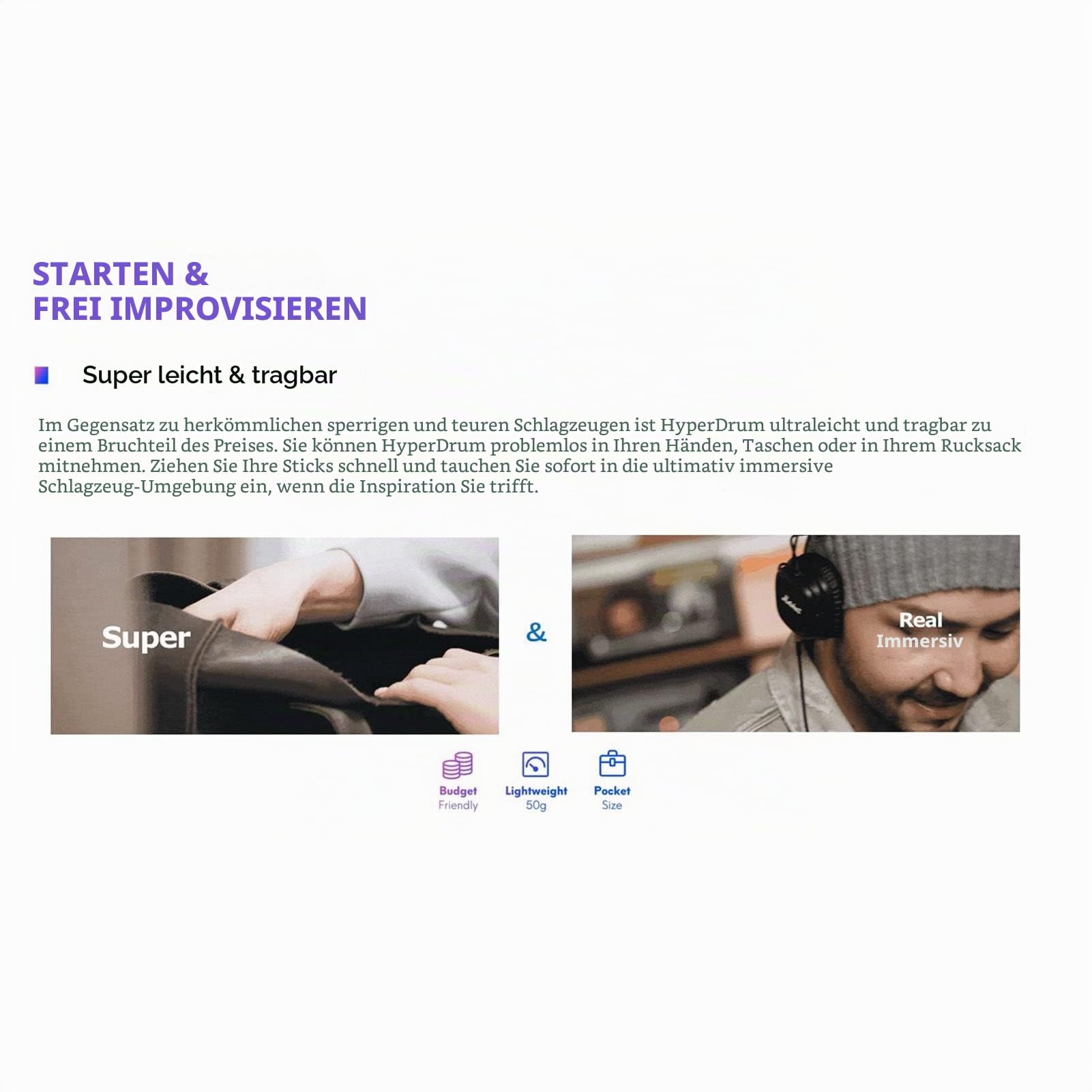 Elektronisches Drum Set, Tragbares Virtual Reality Schlagzeug, Geräuschlose Übung Drumsticks für Anfänger, Studenten und Erwachsene, MIDI-kompatibel