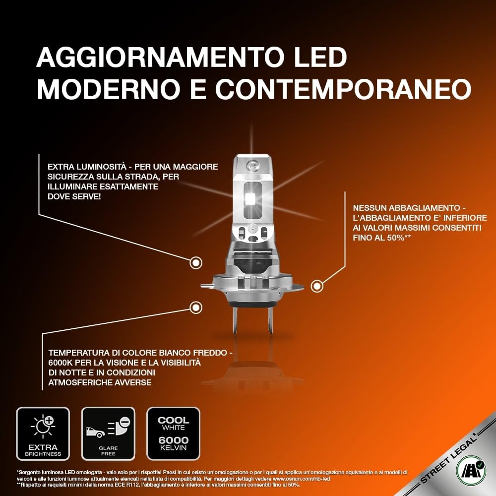 OSRAM NIGHT BREAKER LED SPEED H7 450 per moto, lampada LED retrofit per moto con omologazione stradale, fino al 450% di luminosità in più, 6000K, installazione rapida, LEDEC02 integrato, 1 lampada