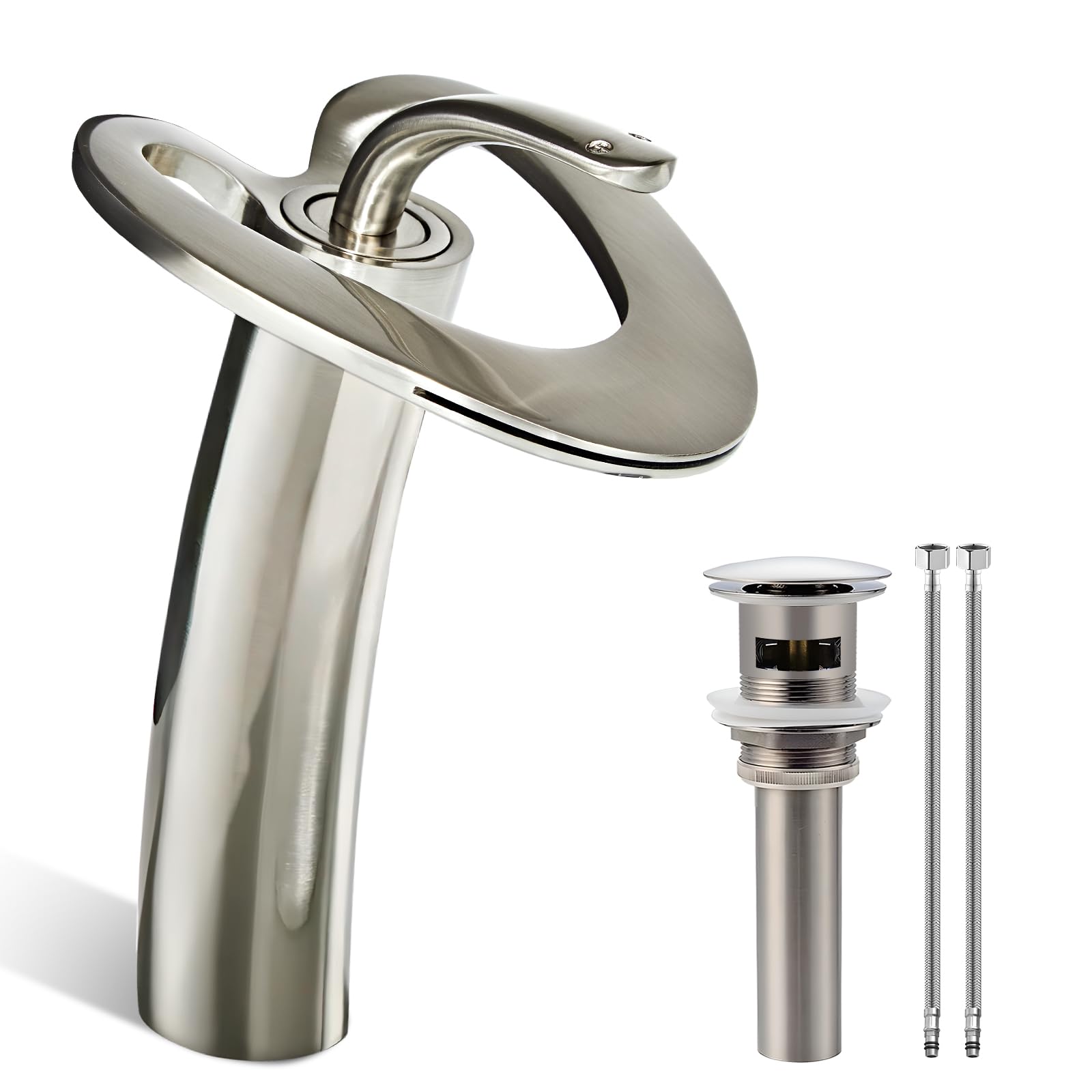 Photo 1 of Brushed Nickel Tall Bathroom Faucets 1 Hole, Single Hole Vessel Sink Vanity Faucet, Unique Modern Bathroom Mixer Tap for Bowl Sink Lavatory, llaves para lavamanos de baño,lavamanos de baño modernos