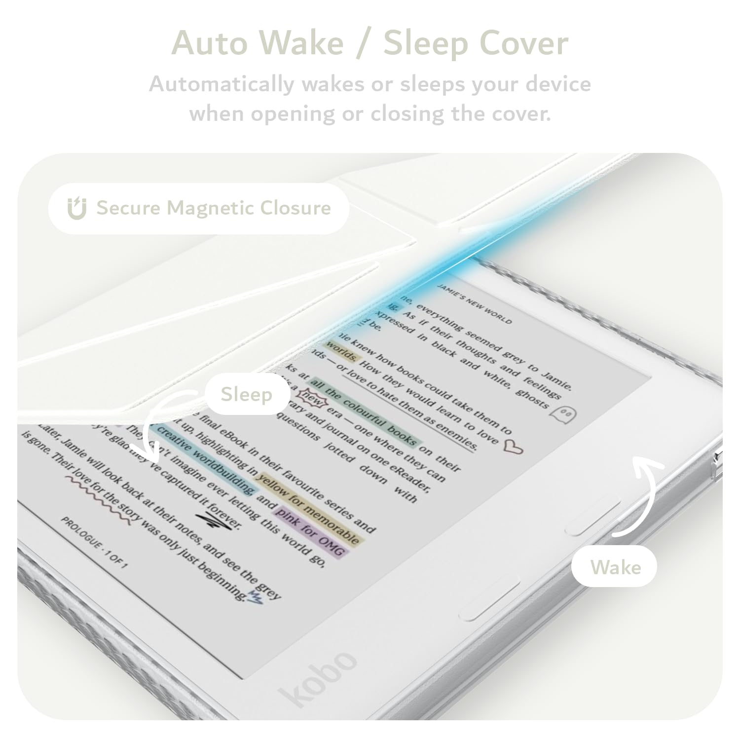 TUDIA M-FLIP Detachable Clear Magnetic Case for Kobo Libra Colour (2024) - [Auto Wake/Sleep] Shockproof Slim Transparent Back Magnetic Fold Cover with Stylus Holder (Off White) - 5