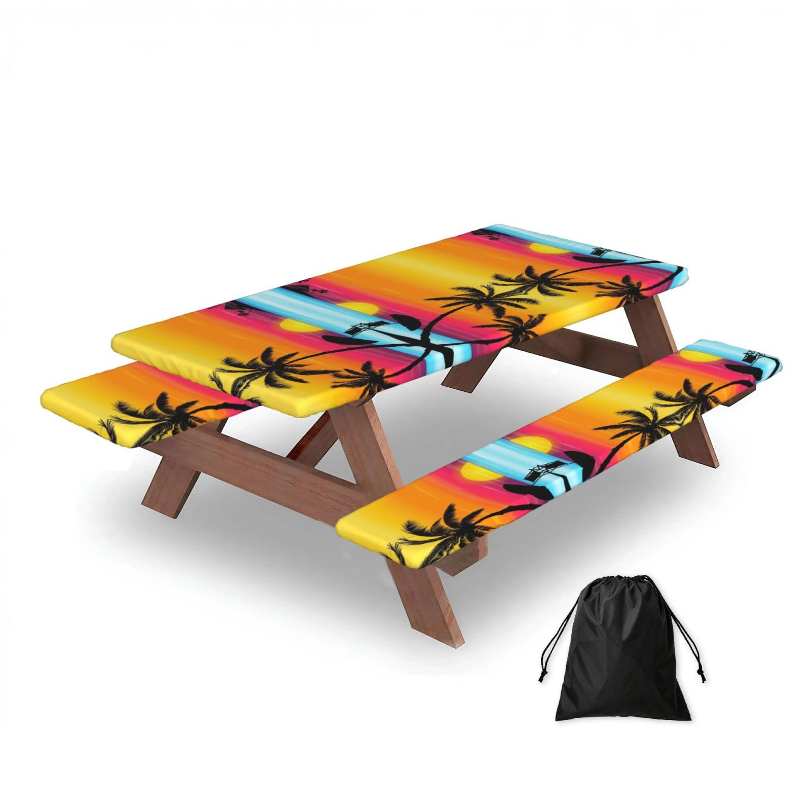 ESNAIUVCD Sunset Palm Tree Print Picnic Table Cover With Bench Covers,Camping Essentials,Fitted Tablecloth Cover With Elastic Edge, For Indoor & Outdoor 3 Pcs