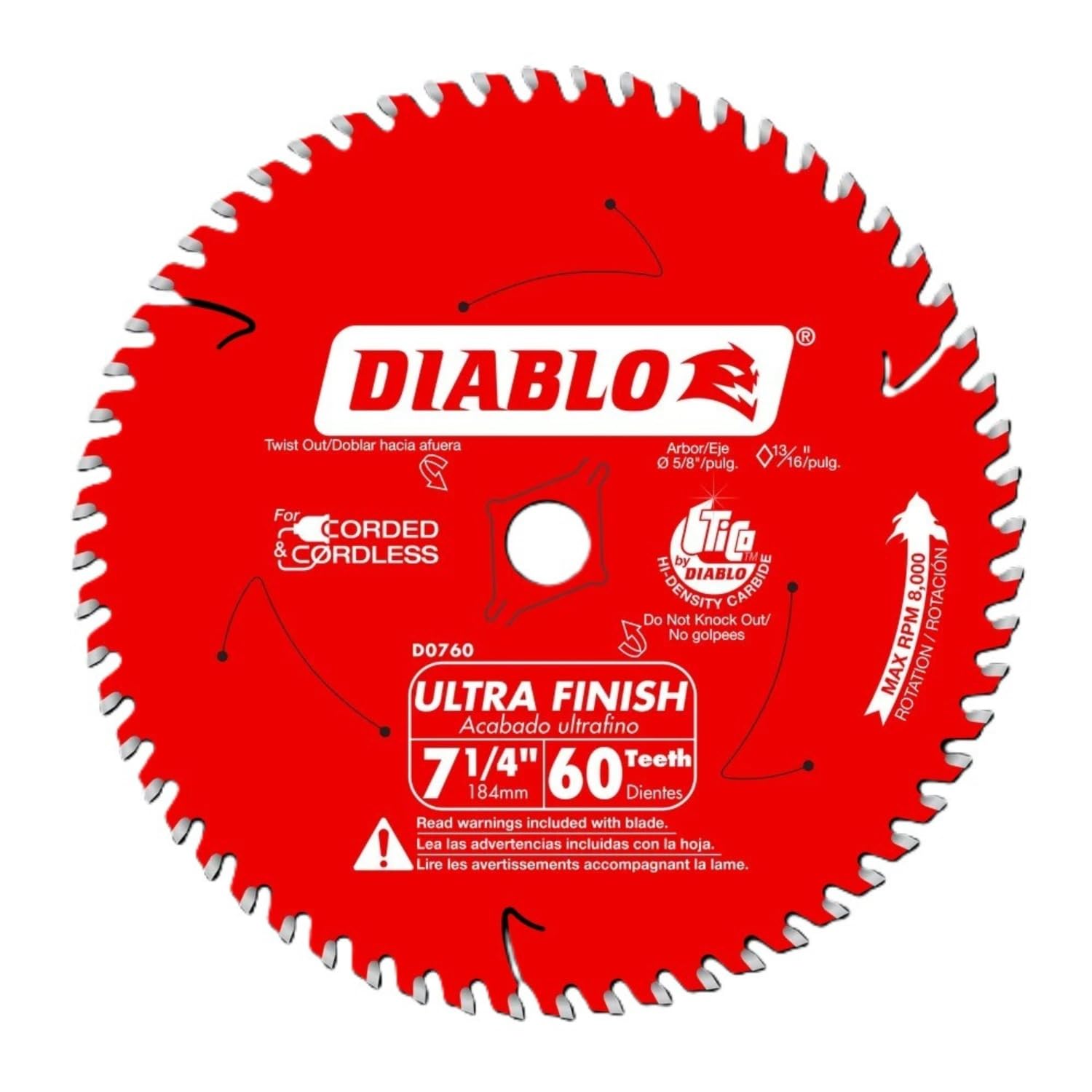 Ultra Finish Carbide Saw Blade for Wood - 7-1/4" Diameter, 60 ATB Teeth, 5/8" Arbor, .059" Kerf, 10