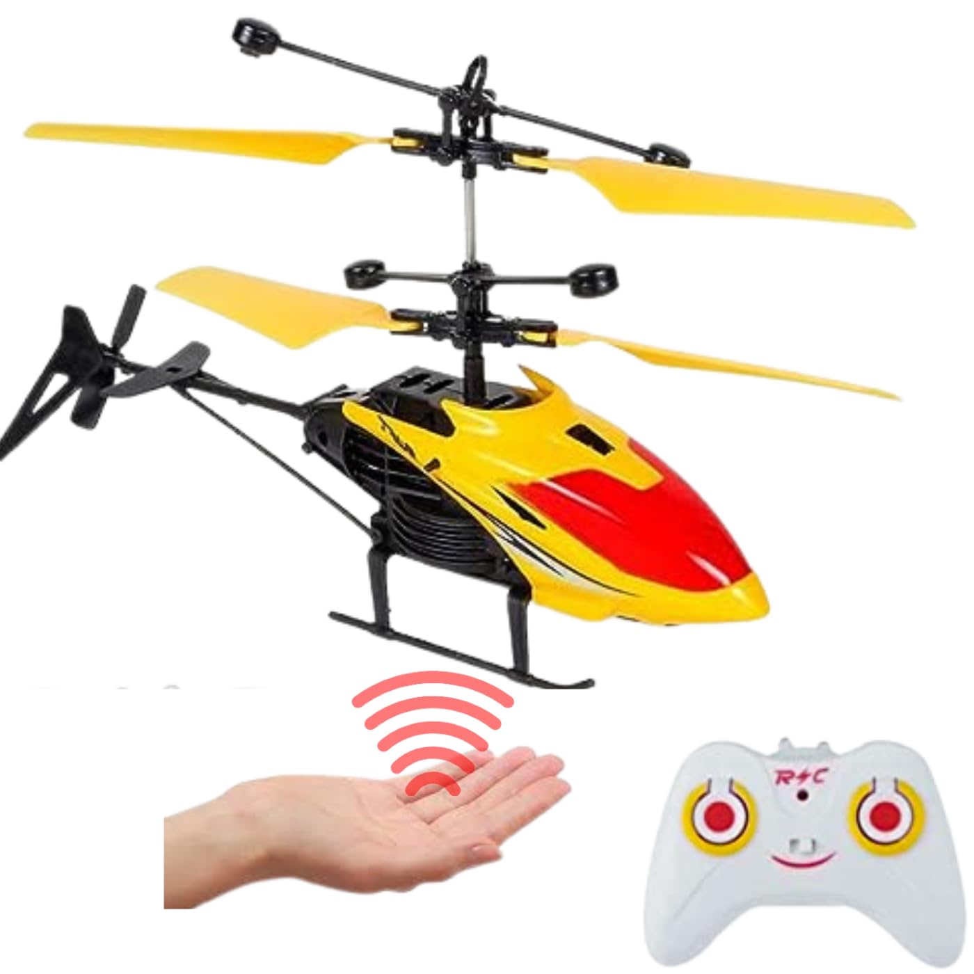 KIDZYMON Flying Helicopter with Radio Remote Control and Hand Sensor Charging Helicopter 2 in 1 Toys with 3D Light Toys I Remote Control Helicopter - Pack of 1 (YEL Red)