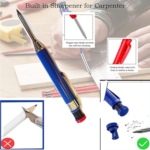 Miniatura 2 de AIDIER Lápiz de carpintero sólido de metal con 12 recambios de punta larga con agujero profundo, herramienta de marcado con sacapuntas incorporado,