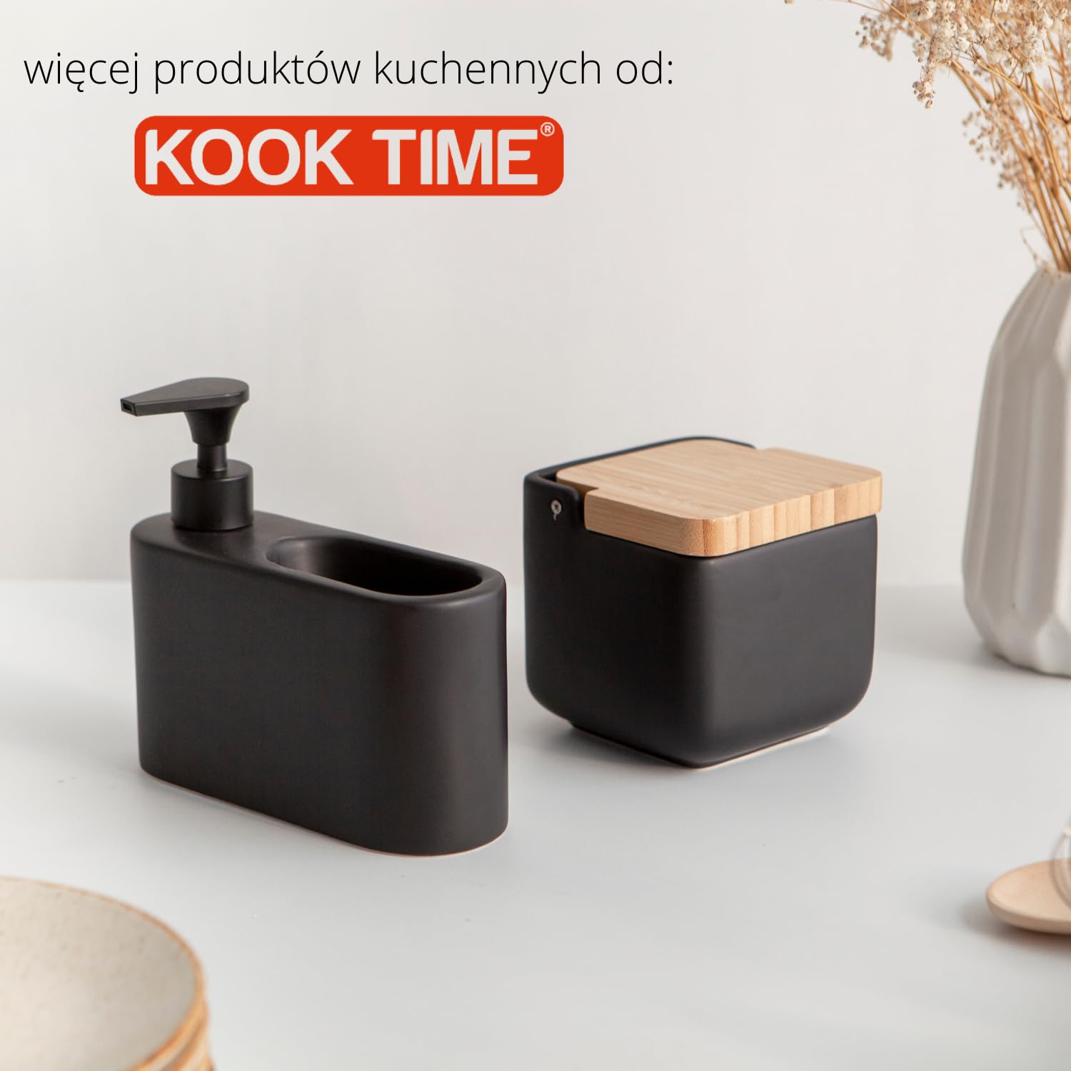 Ceramiczny dozownik mydła z uchwytem na gąbkę, wąski organizer do zlewu kuchennego, 500 ml, dozownik płynu do mycia naczyń do kuchni, 18 x 6 x 15,8 cm, czarny matowy