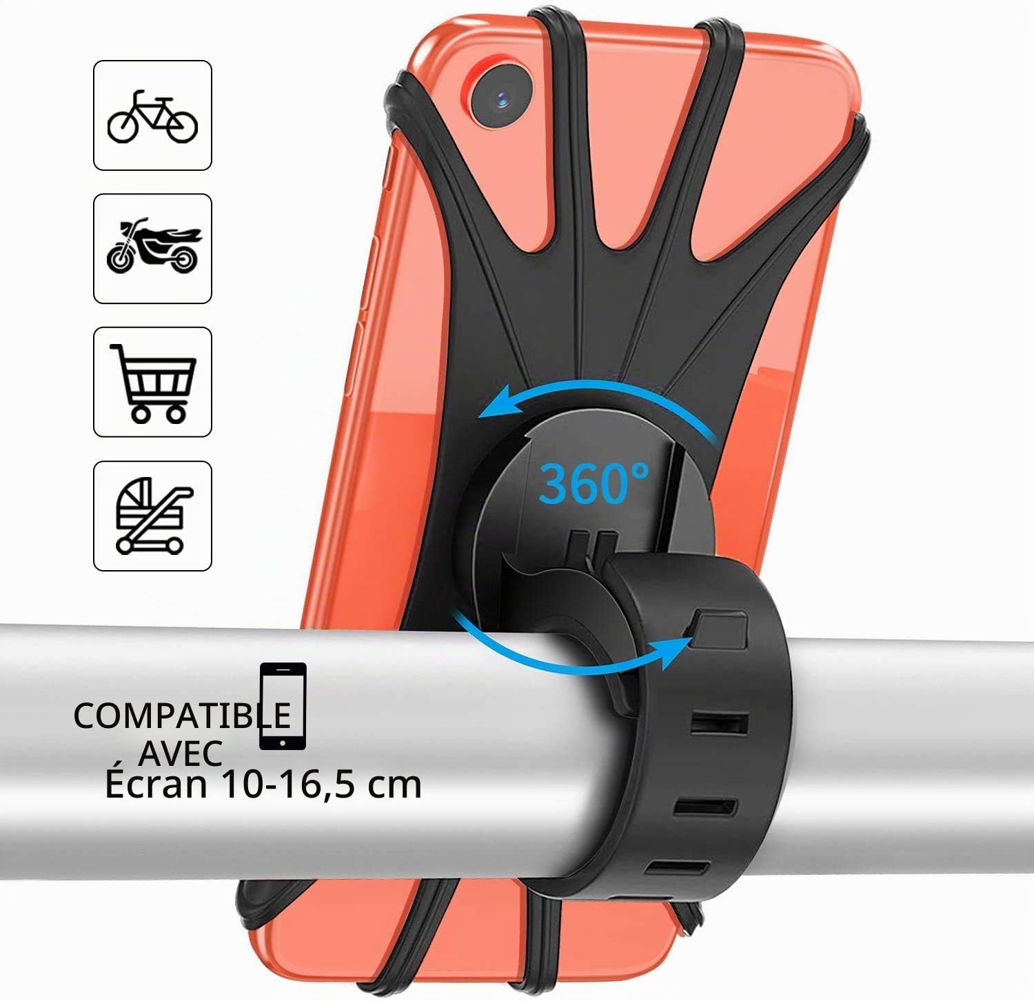 Support en silicone pour téléphone portable pour vélo, universel, rotatif à 360°, compatible avec iPhone SE/11/12/13/14 Pro Max/X/XS MAX/XR/8'' à 6,5'' Smartphones