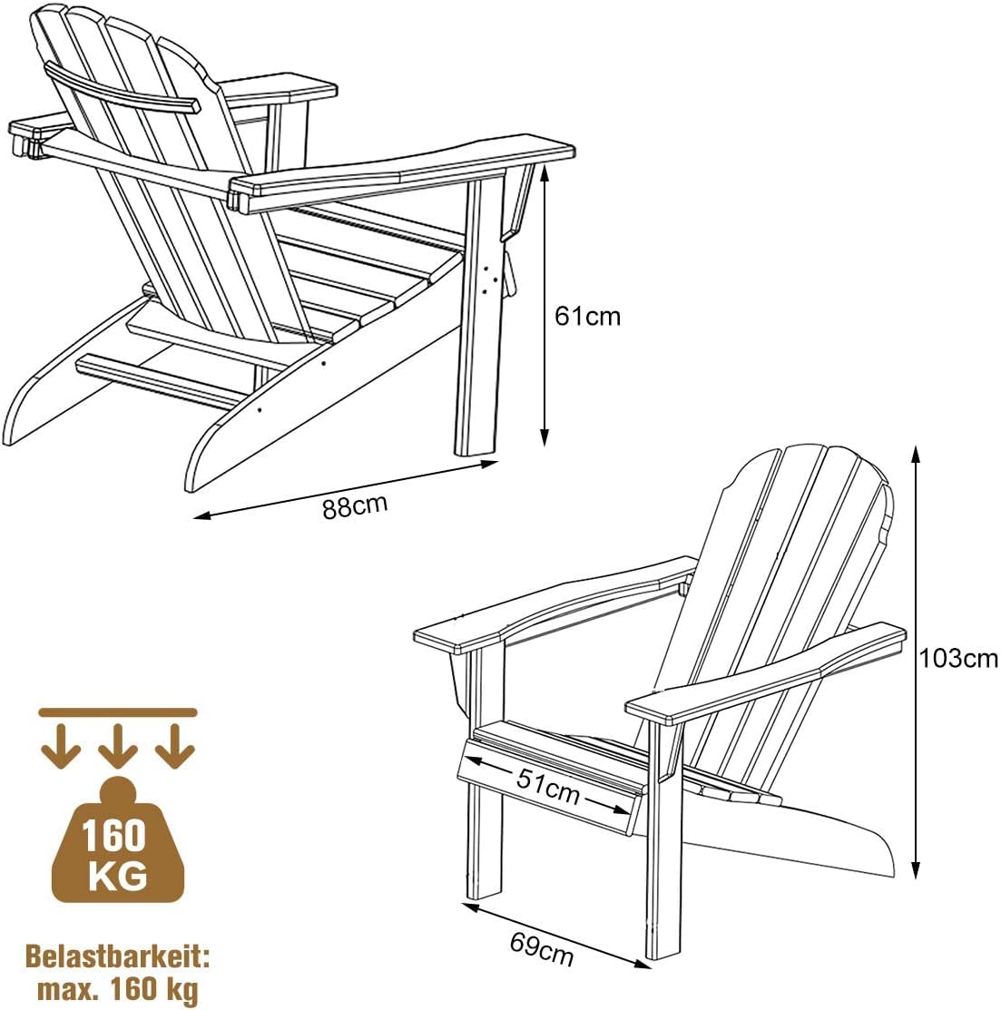 GOPLUS Adirondack Stuhl aus Massivholz, Gartenstuhl bis zu 160kg Belastbar, Gartensessel mit Armlehnen & Rückenlehne, Strandstuhl mit Lackierter Oberfläche, für Garten Strand Outdoor (Natur)