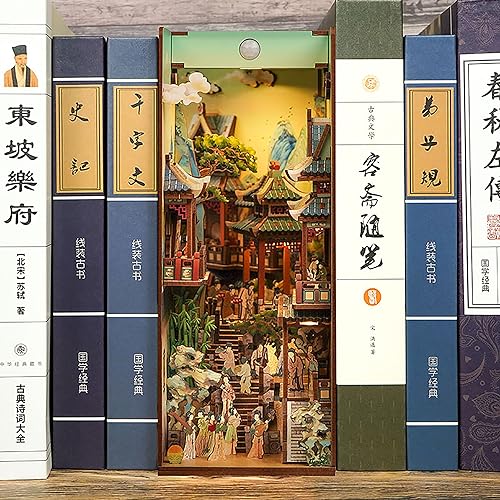 Image of Tonecheer DIY Book Nook Kit for Adults, Wooden 3D Puzzle Bookend Bookshelf Insert Decor, Chinese Booknook Miniature House Kit with Dust Cover and Body Motion Sensor LED (Song Dynasty Culture)