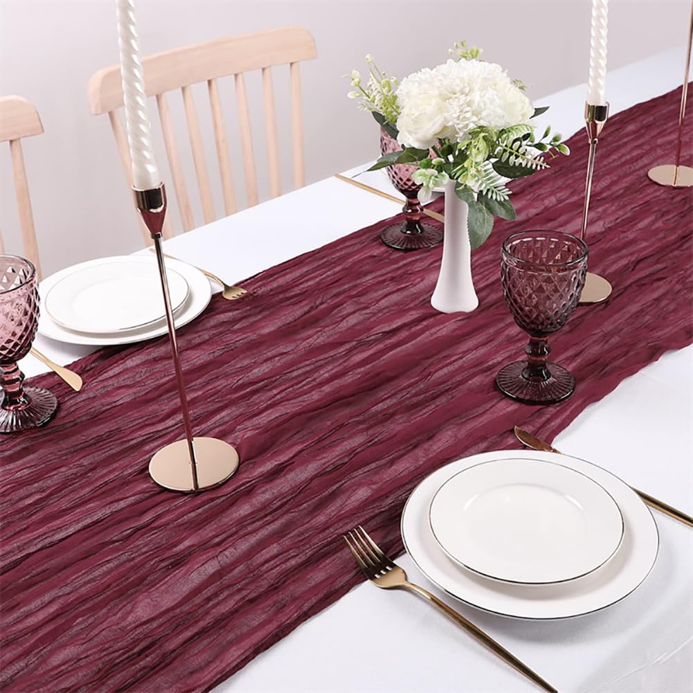 Käsetuch-Tischläufer | Boho-Gaze-Stoff-Tischdecke | Rustikale Transparente Tischläufer Für Hochzeit, Geburtstag, Party-Dekoration,Burgund,90 X 180 cm (35,4 X 70,8 Zoll) – 8 Stück