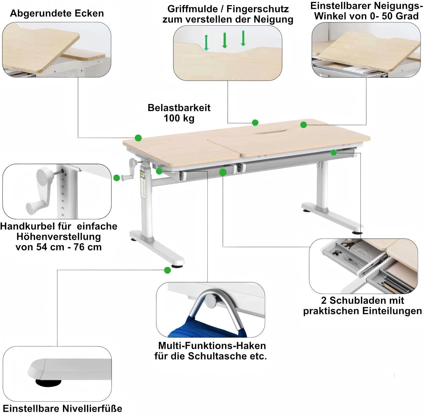 HOKO Kinderschreibtisch, Höhenverstellbar Kinderschreibtische 120x60 cm, Schreibtisch Kinder ab 6 Jahren, neigbare Tischplatte mit Schubladen, 100kg Belastbarkeit, Verstellbar von 54-76cm (Holz,CELIN)