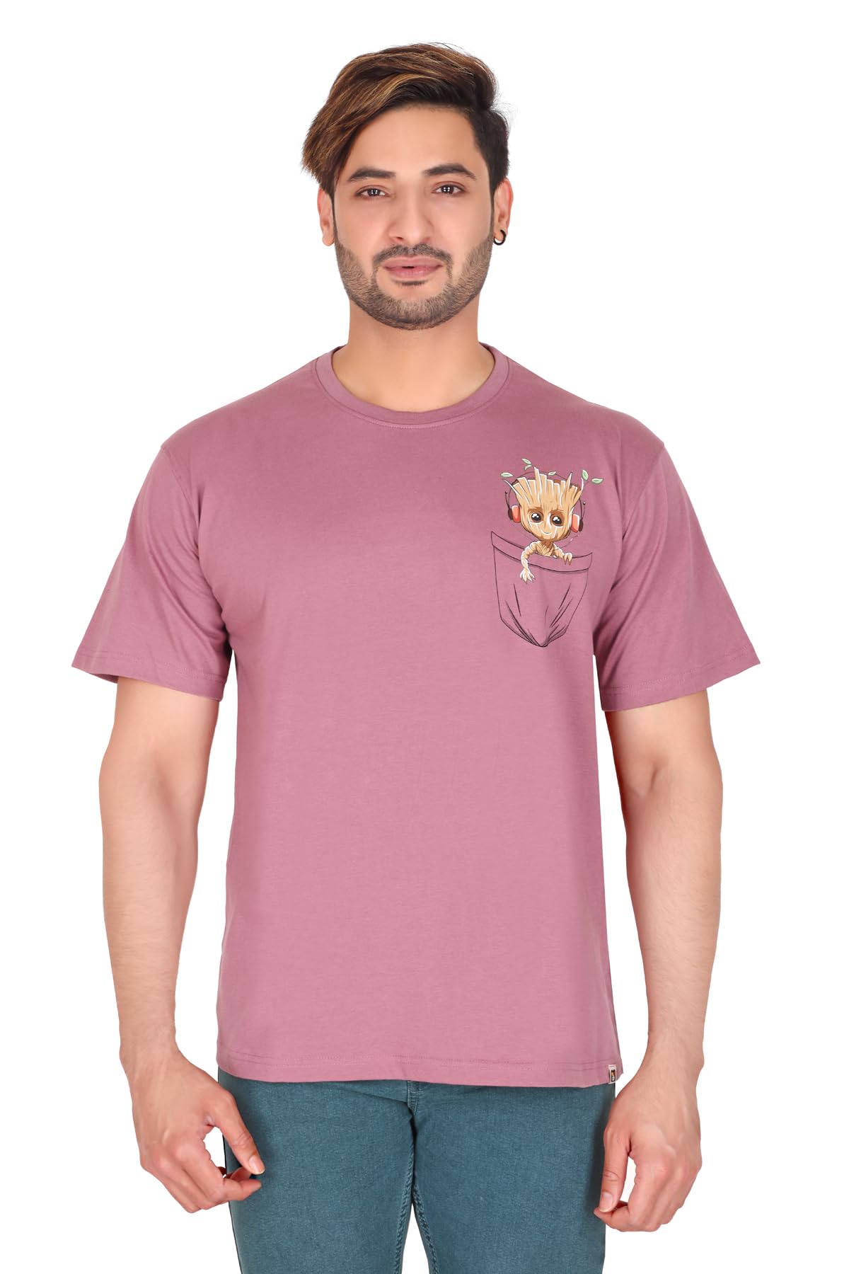 MOOD MONKEY Men's Cotton Casual Printed Round Neck Oversized Longline Drop Shoulder Boho Style T-Shirt | Pocket Groot Graphic Print | Antique Fuchsia (Purple)