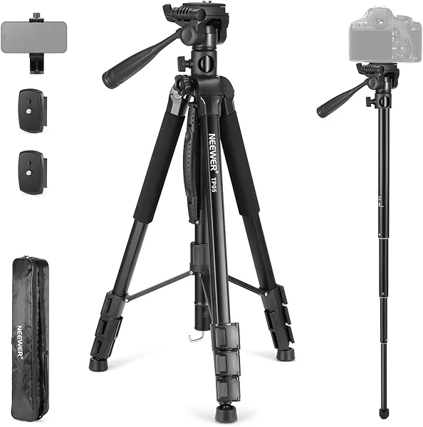 NEEWER Basics TP05 74" Video Tripod Monopod, 3 Way Pan Tilt Head Phone Holder Compatible with iPhone DSLR, Travel Recording Stand, Overhead Camera Mount, Crossbar, 17.6lb Load