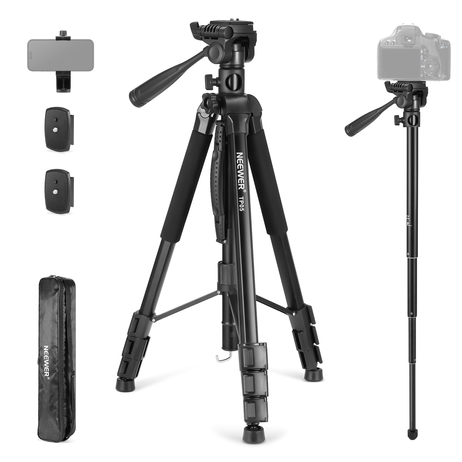 NEEWER Basics TP05 74" Video Tripod Monopod, 3 Way Pan Tilt Head Phone Holder Compatible with iPhone DSLR, Travel Recording Stand, Overhead Camera