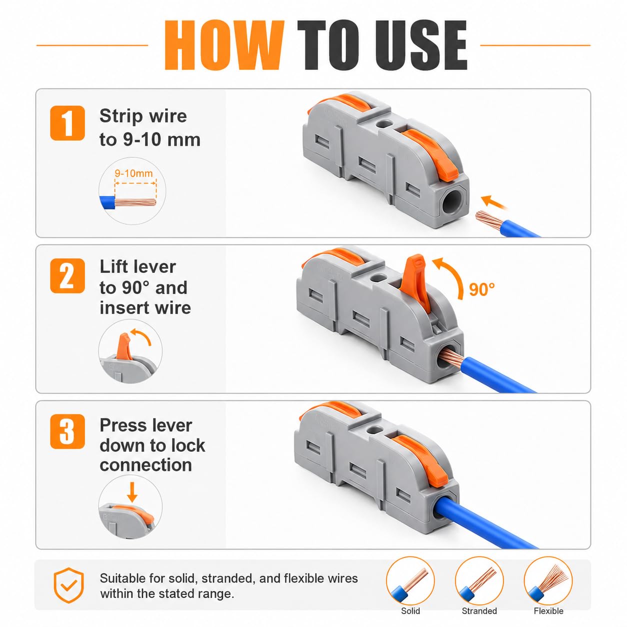 Lever Wire Connector 10 Pack, Quick Splice Inline Electrical Wire Connector Clips for 0.08–4 mm² Solid & Stranded Wires, Tool-Free Reusable Cable Terminals — Amazon image 5
